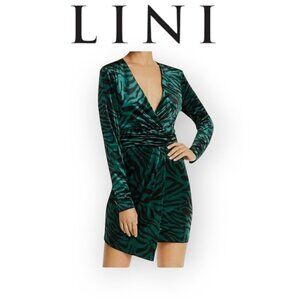 LINI Velvet Animal Print Wrap Mini Dress Green Black Night Out Club Chic size XS